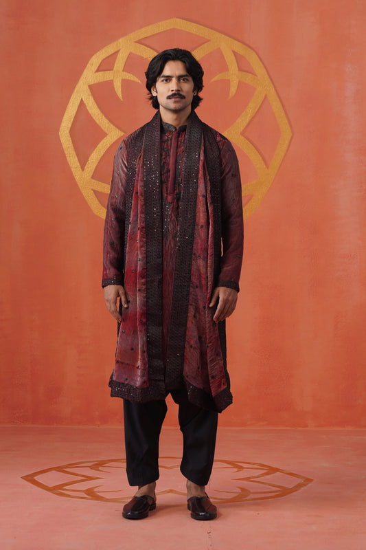 Red Hand Dyed Tissue Embroidery Kurta Patiyala Set With Dupatta