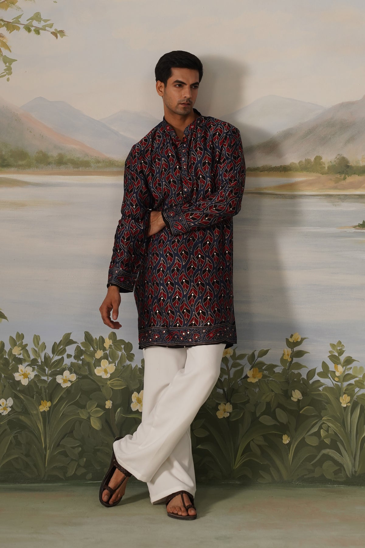 Riwaz Navy Ajrakh Print Handwork Kurta Set