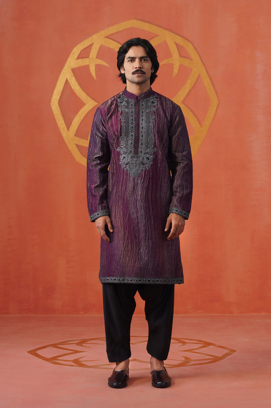 Purple Hand Dyed Tissue Silver Coding Embroidery Kurta Patiyala Set
