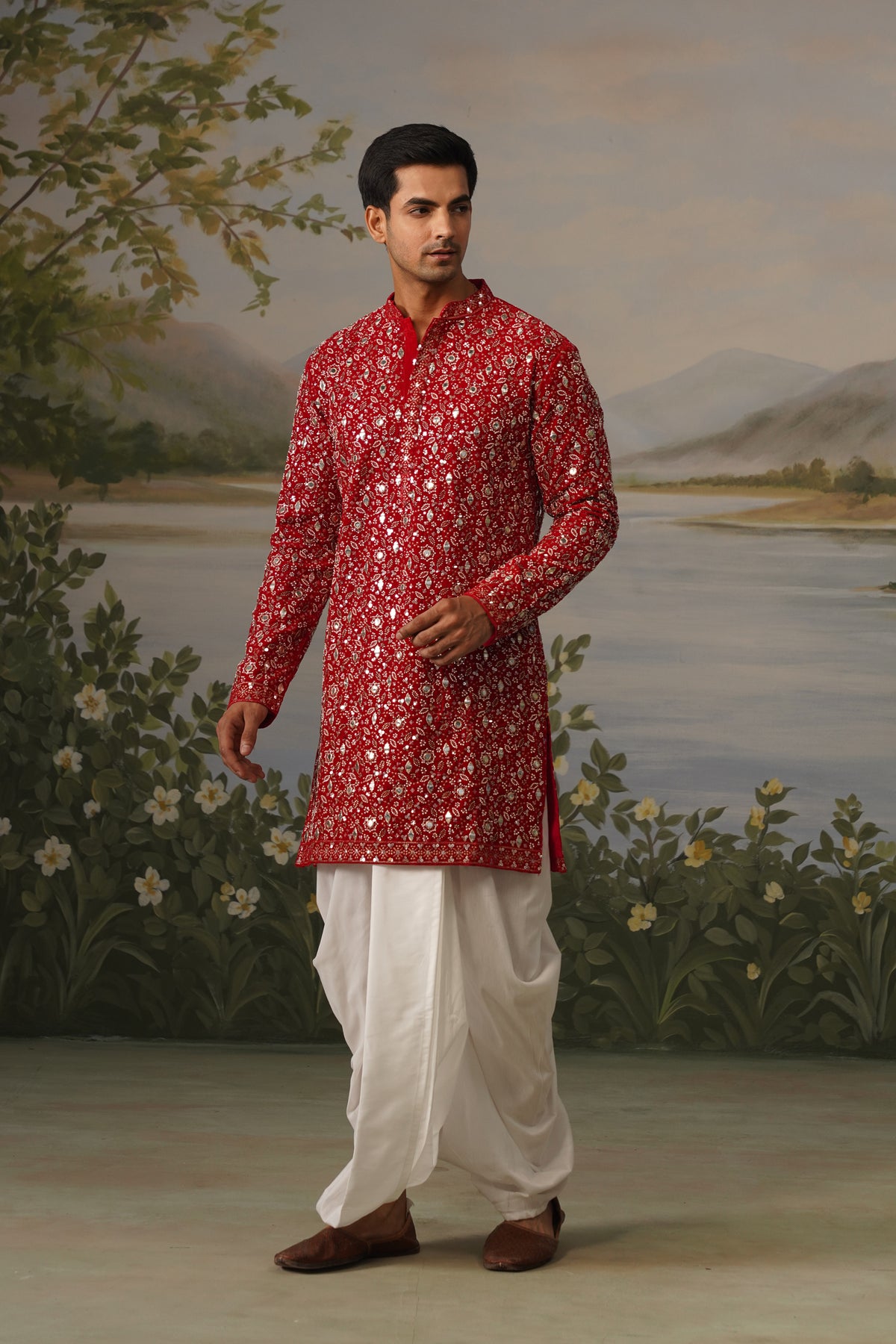 Jalwa Red Heavy Bead Embroidered Kurta Dhoti Set