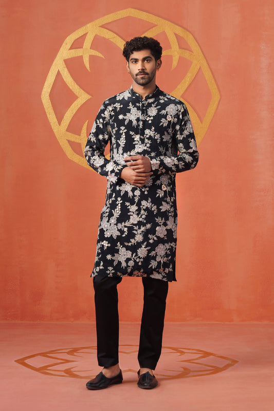 Midnight Blue Embroidery With Print Kurta Set