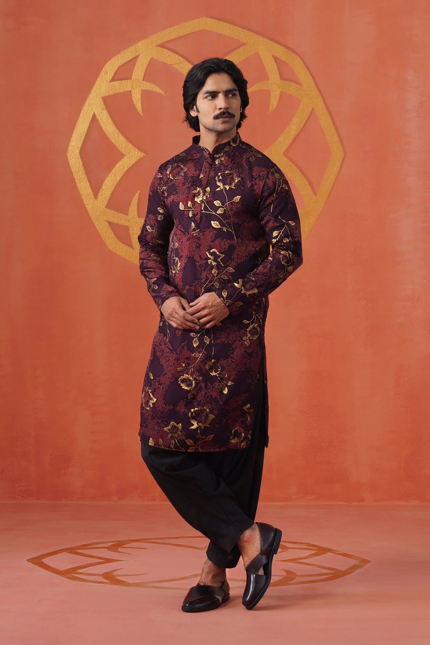 Wine Floral Velvet Brasso Kurta Patiyala Set