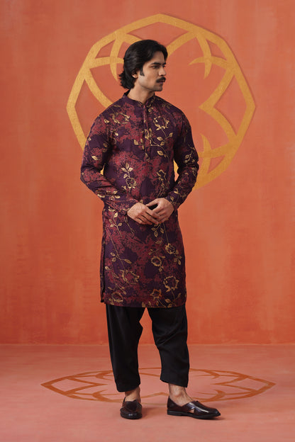 Wine Floral Velvet Brasso Kurta Patiyala Set