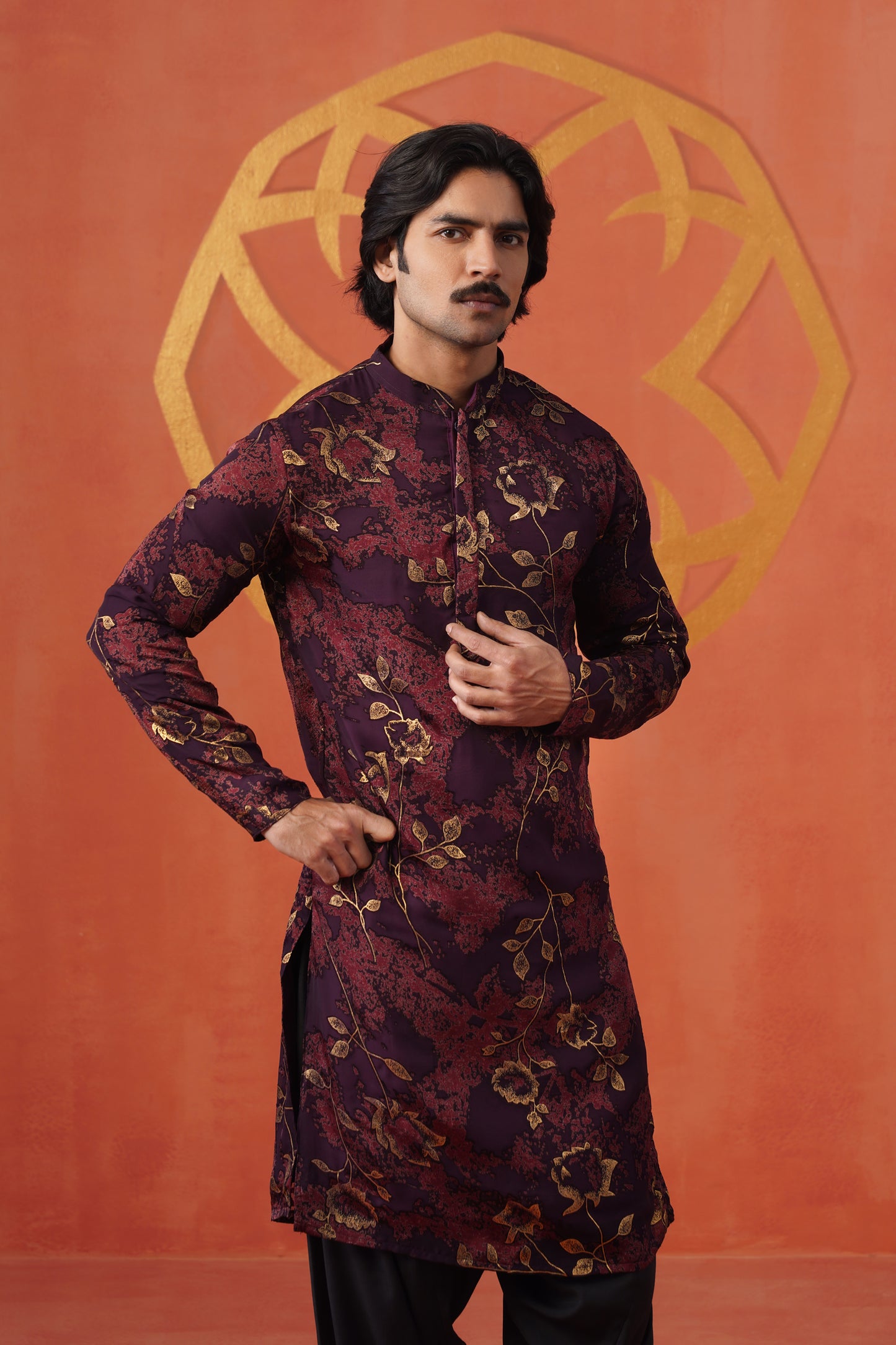 Wine Floral Velvet Brasso Kurta Patiyala Set