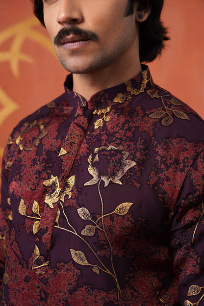 Wine Floral Velvet Brasso Kurta Patiyala Set