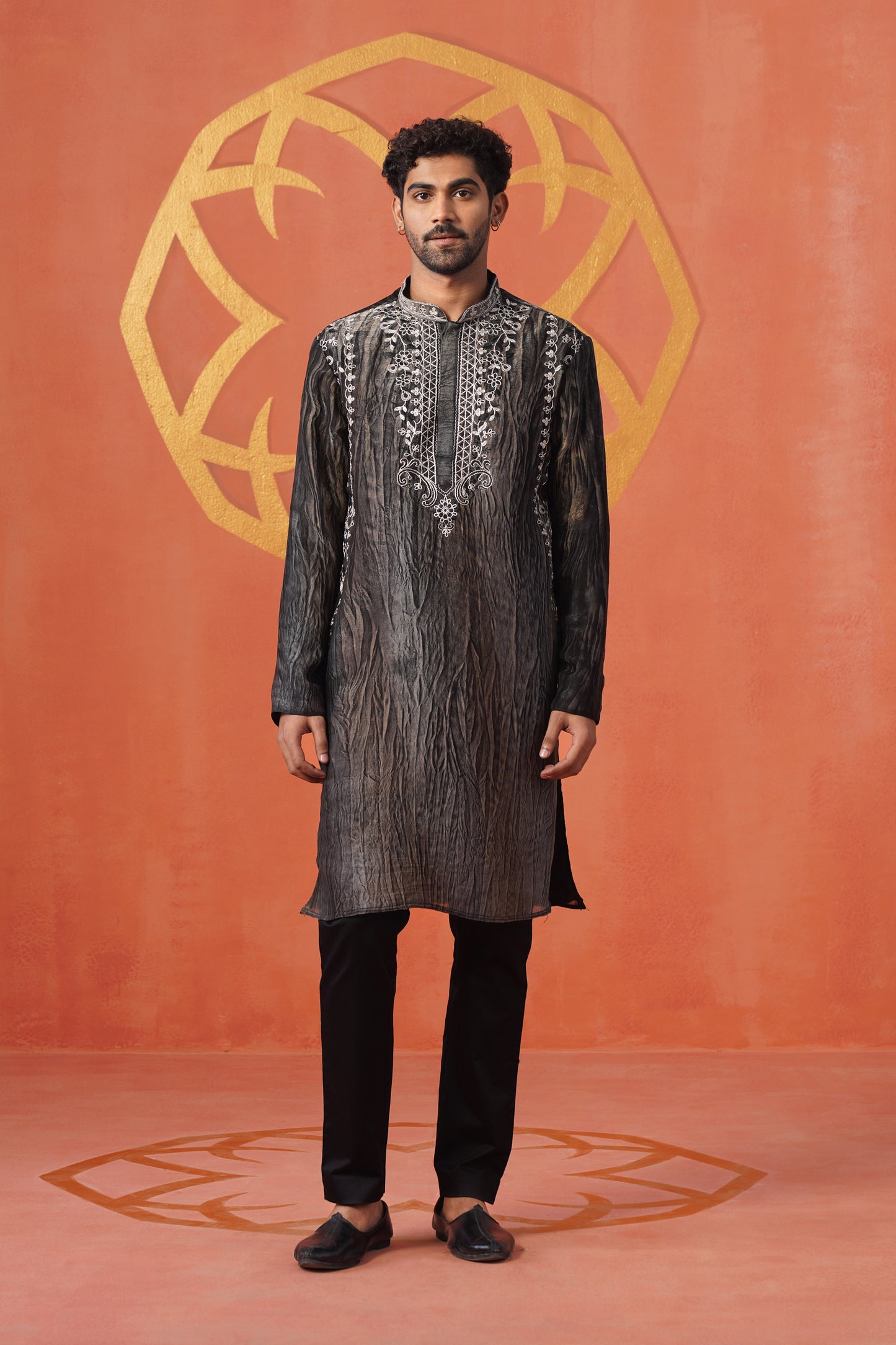 Grey Black Hand Dyed Tissue Coding Embroidery Kurta Set