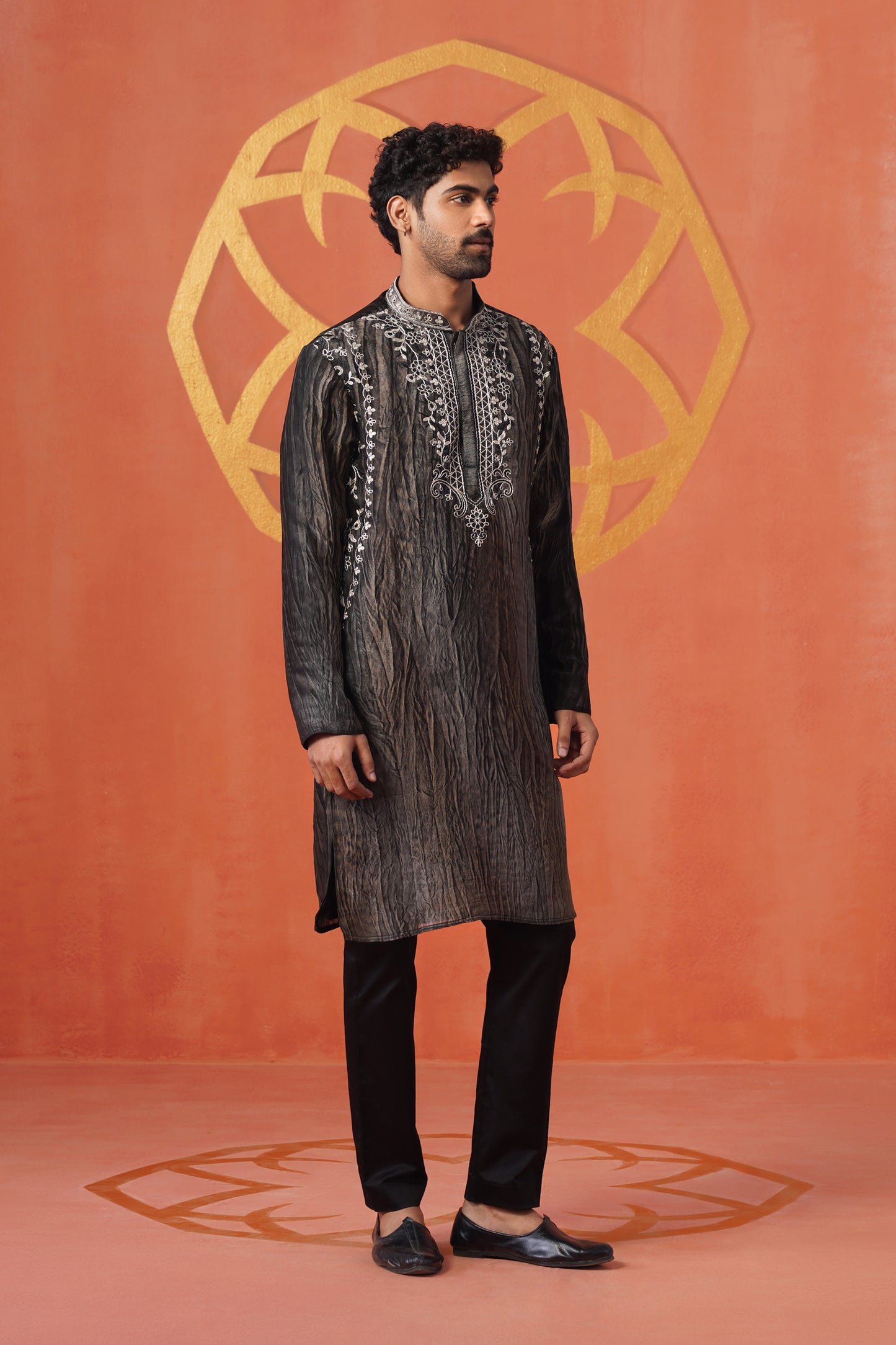Grey Black Hand Dyed Tissue Coding Embroidery Kurta Set