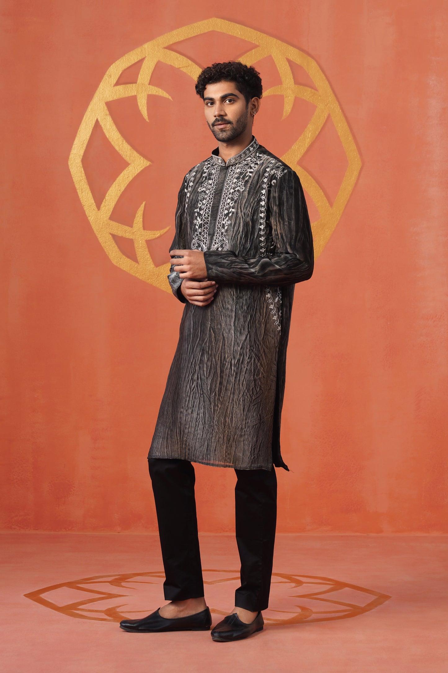 Grey Black Hand Dyed Tissue Coding Embroidery Kurta Set