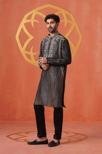 Grey Black Hand Dyed Tissue Coding Embroidery Kurta Set