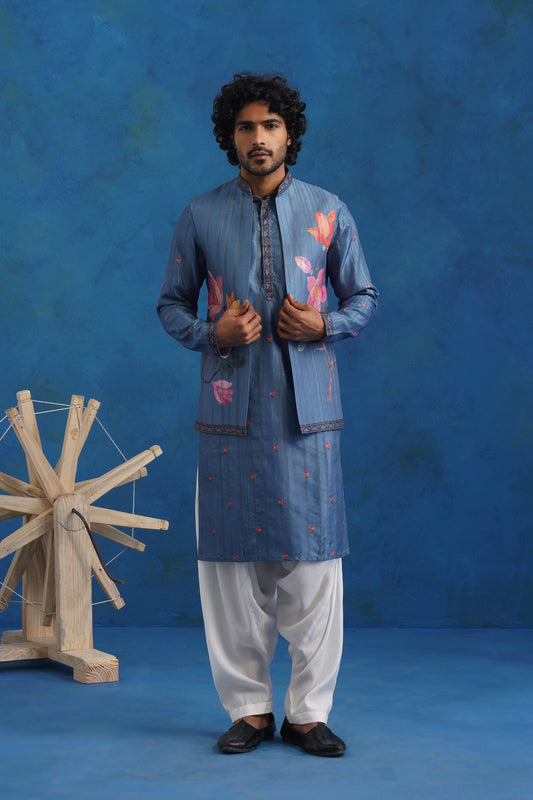 Coral Azure Printed Kurta Jacket Set