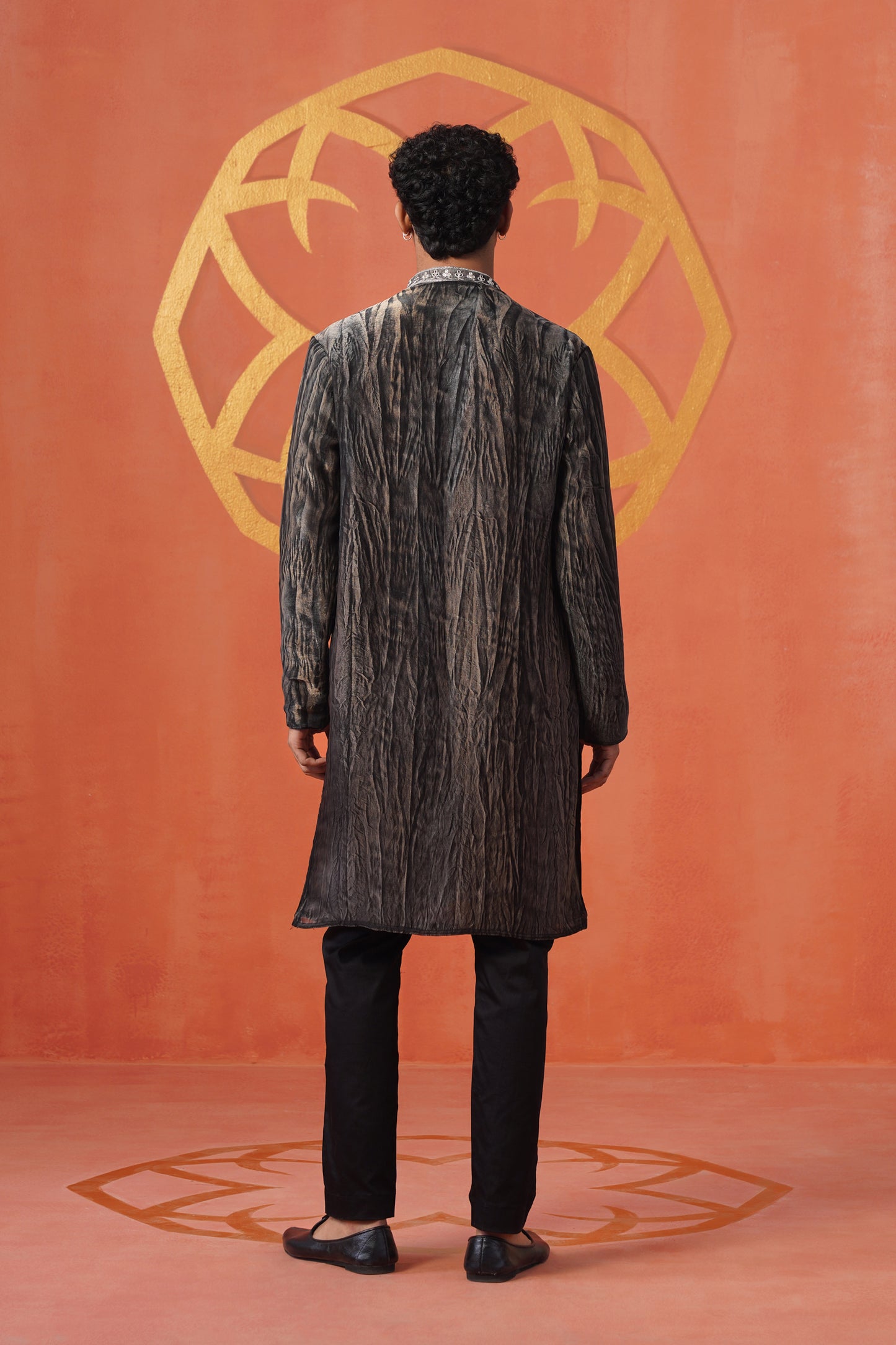 Grey Black Hand Dyed Tissue Coding Embroidery Kurta Set