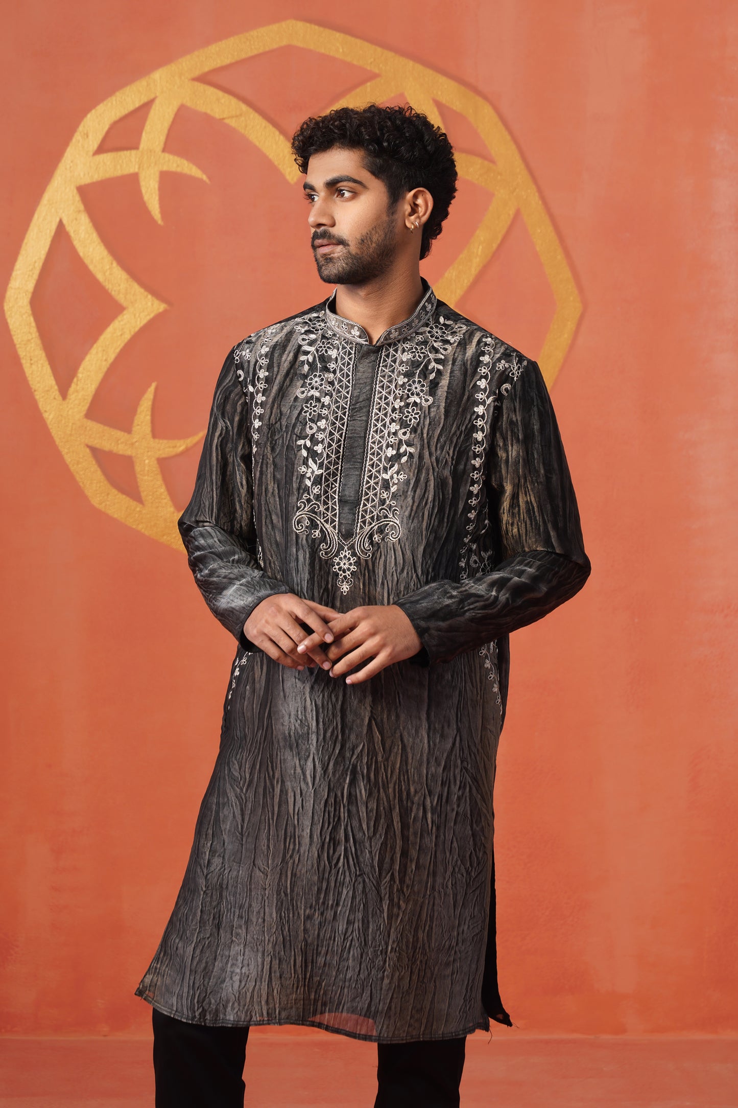 Grey Black Hand Dyed Tissue Coding Embroidery Kurta Set