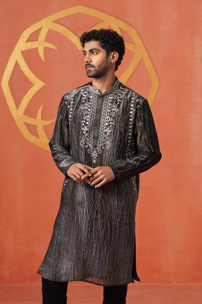 Grey Black Hand Dyed Tissue Coding Embroidery Kurta Set
