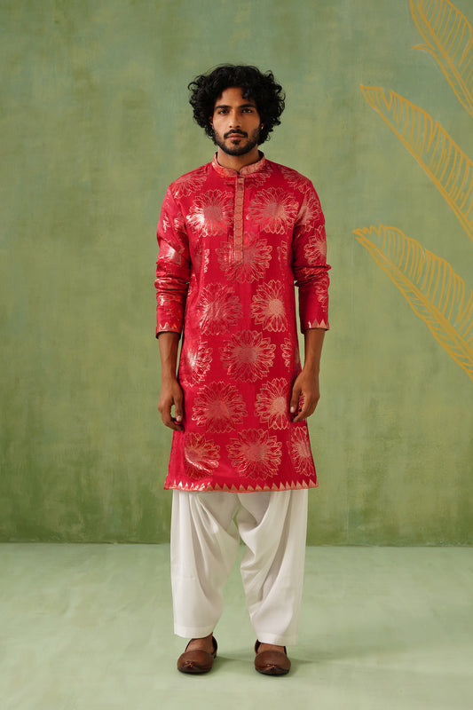 Hot Pink Golden Weave Kurta Patiyala Set