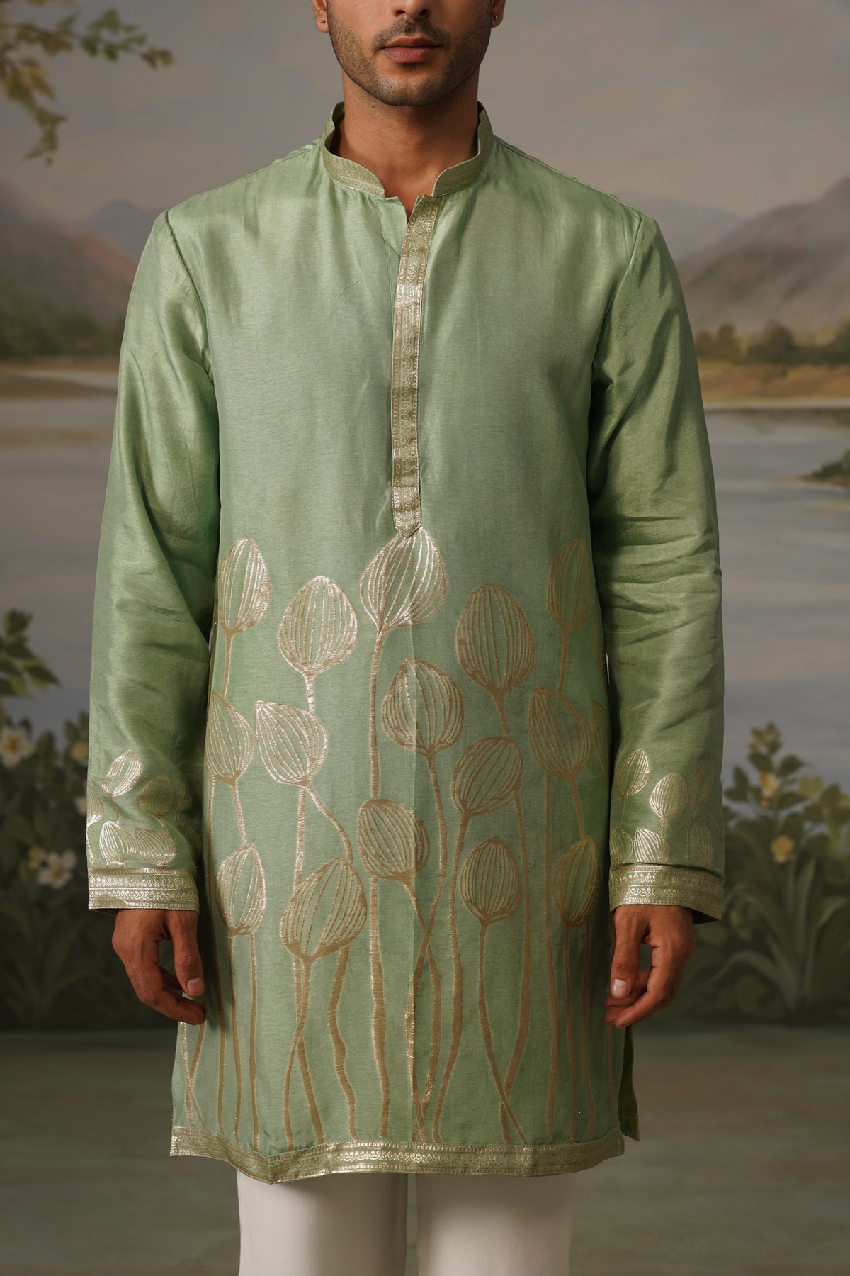 Pista Green Jacquard Kurta Set