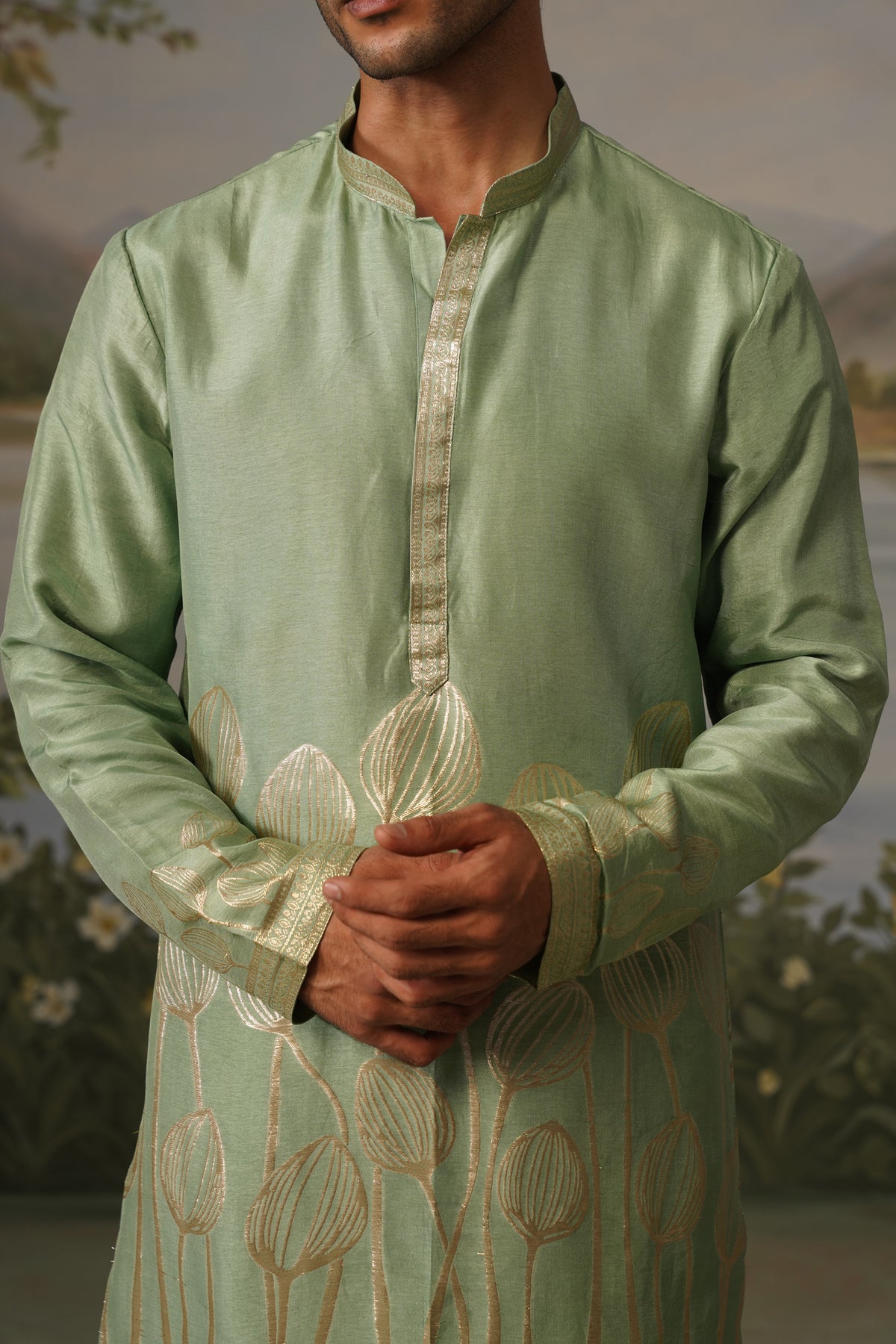Pista Green Jacquard Kurta Set