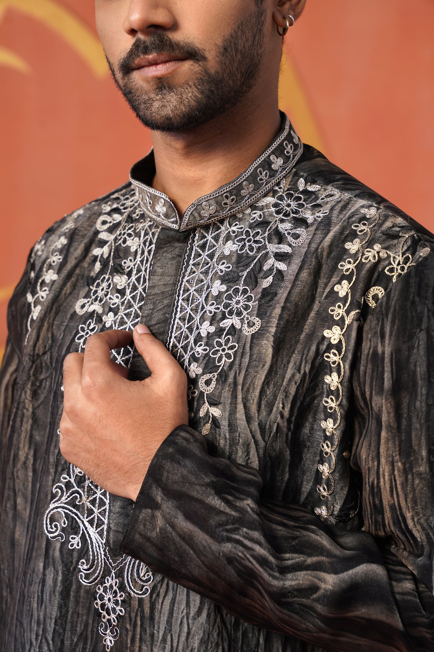 Grey Black Hand Dyed Tissue Coding Embroidery Kurta Set