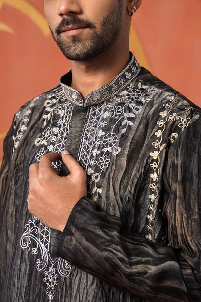 Grey Black Hand Dyed Tissue Coding Embroidery Kurta Set