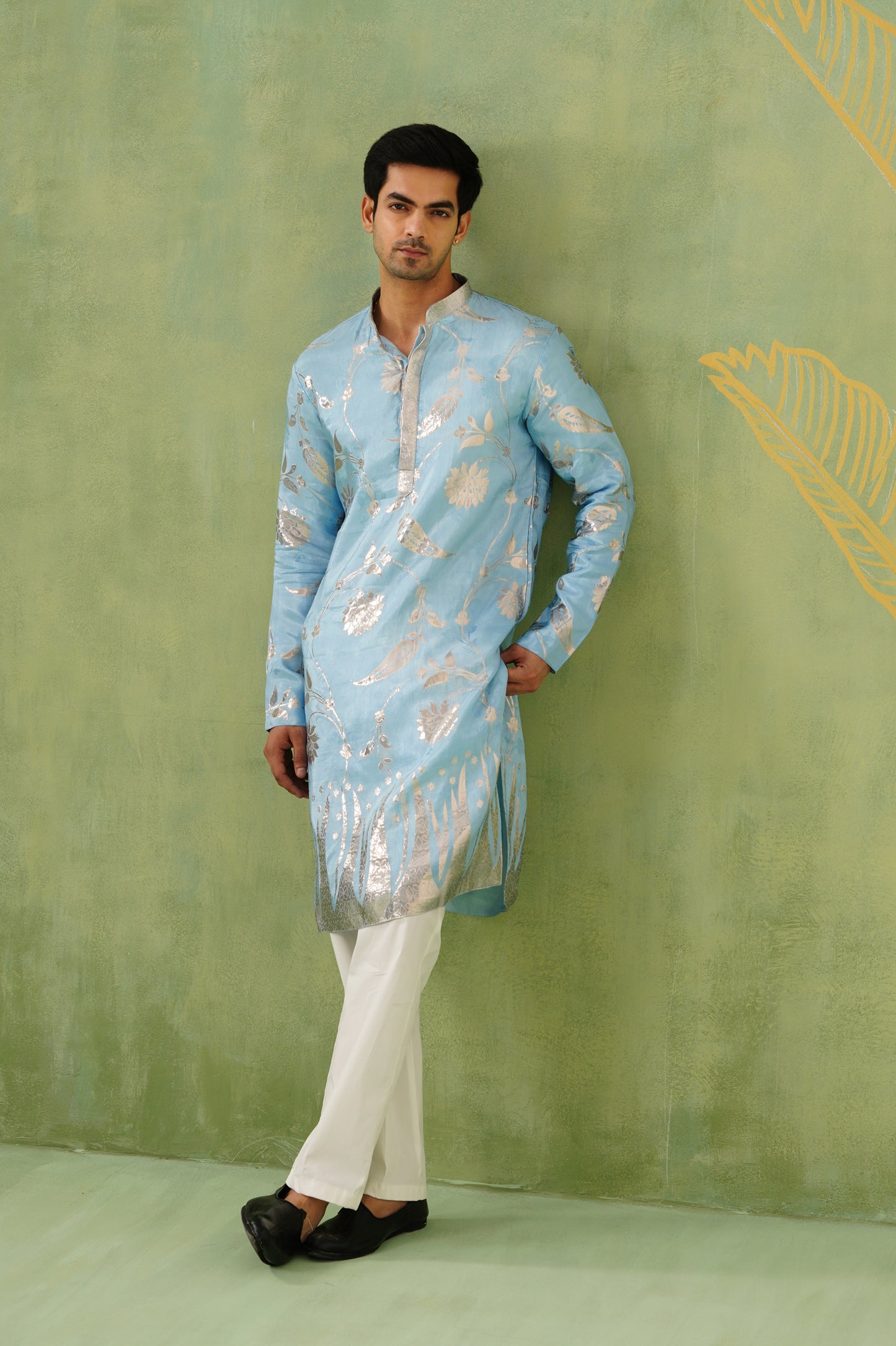 Ice Blue Golden Weave Kurta Set