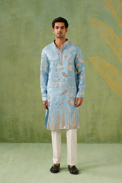 Ice Blue Golden Weave Kurta Set