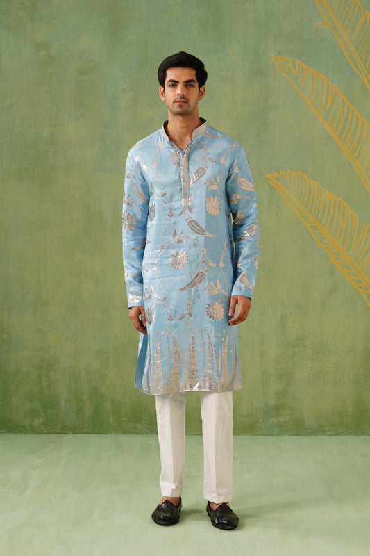 Ice Blue Golden Weave Kurta Set