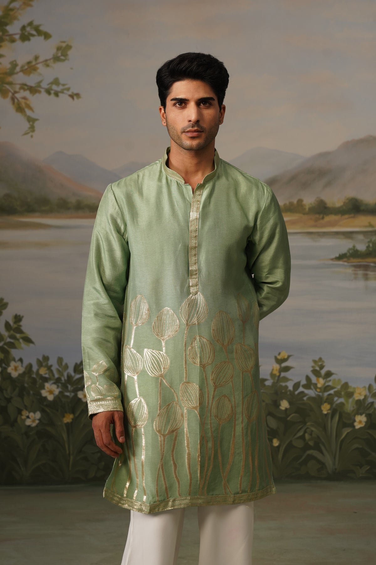 Pista Green Jacquard Kurta Set