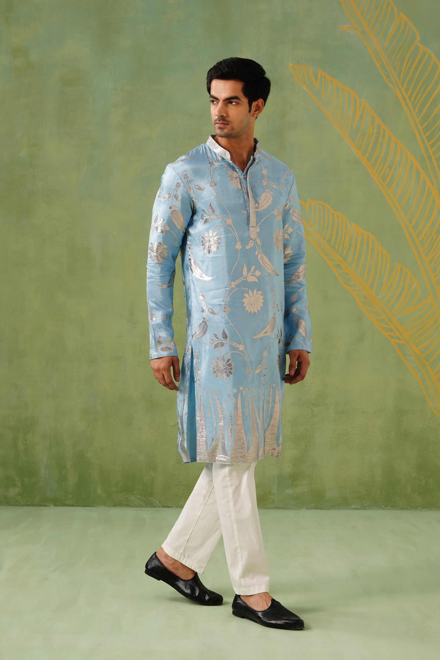 Ice Blue Golden Weave Kurta Set