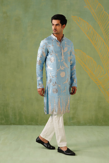 Ice Blue Golden Weave Kurta Set