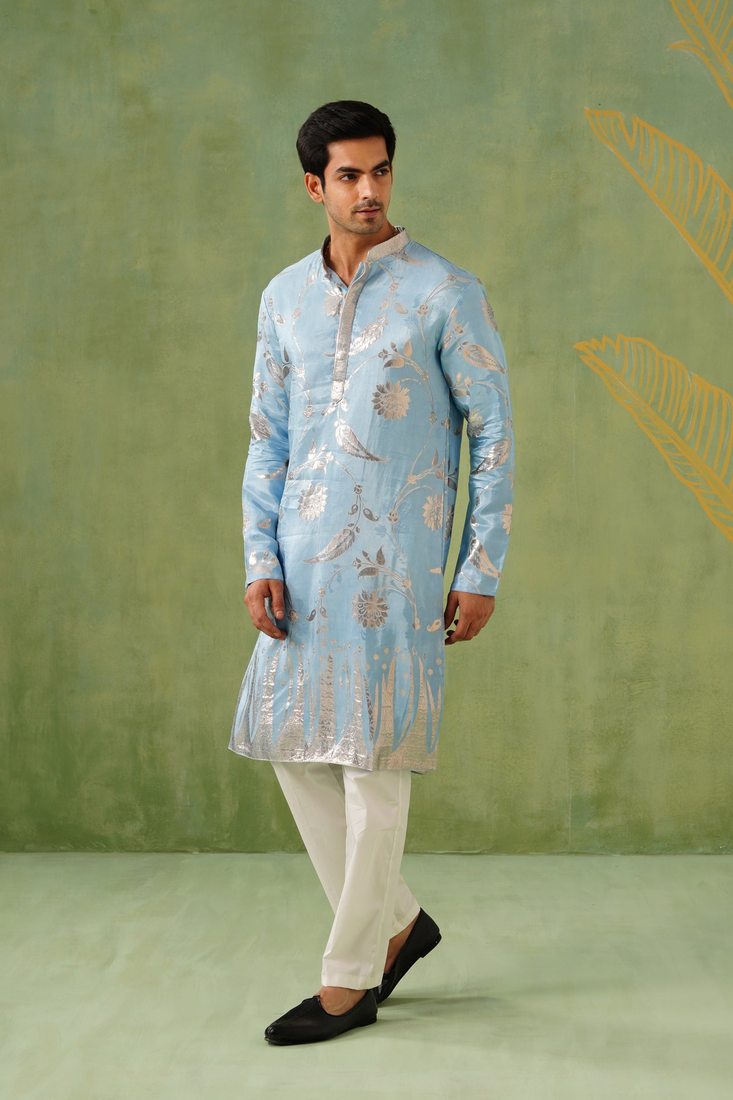 Ice Blue Golden Weave Kurta Set
