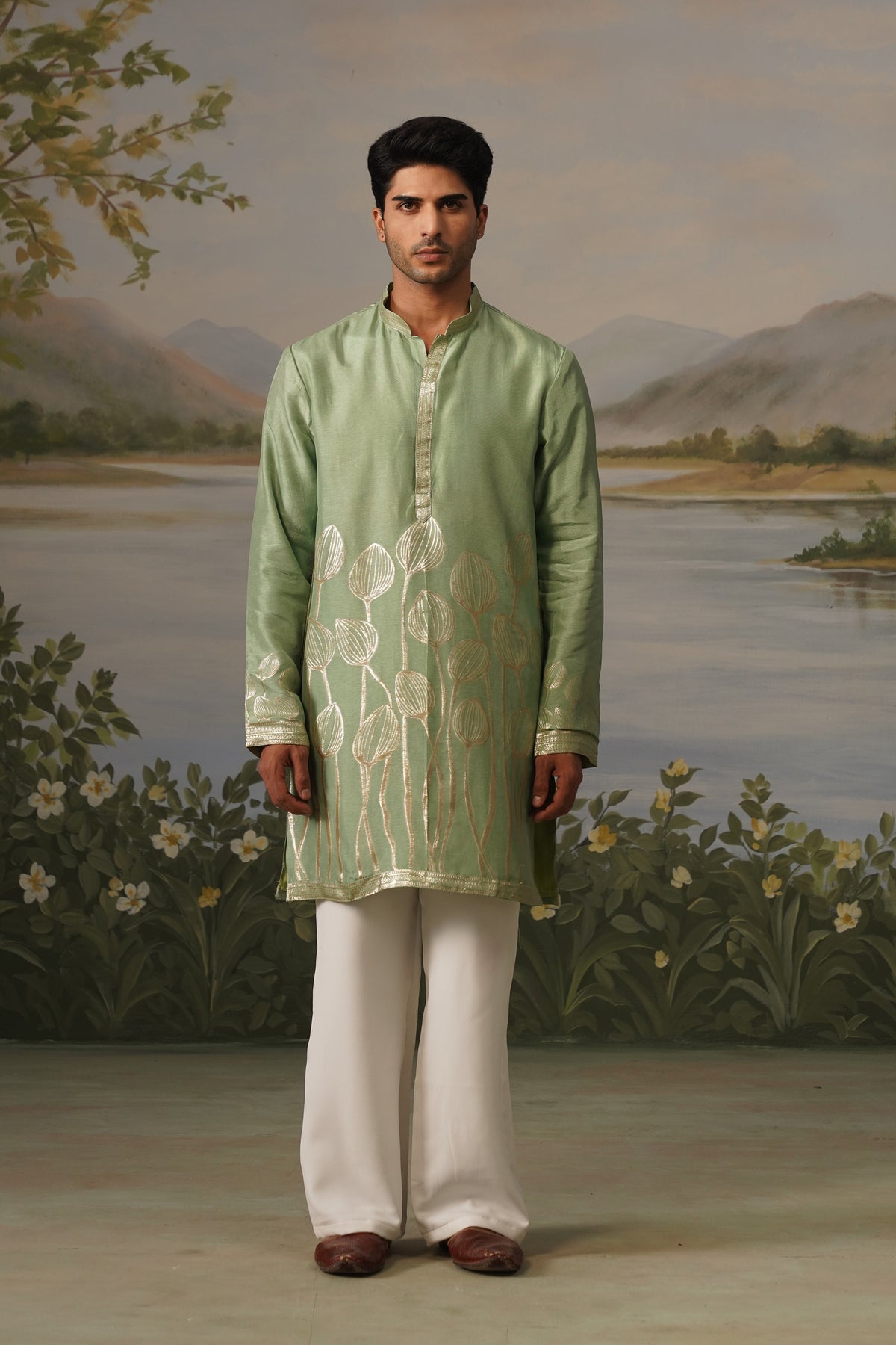 Pista Green Jacquard Kurta Set