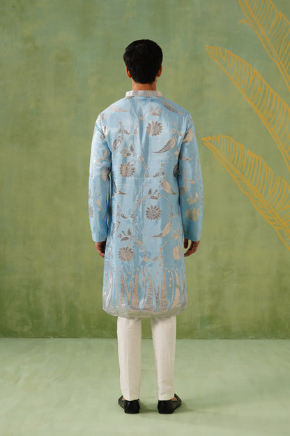 Ice Blue Golden Weave Kurta Set