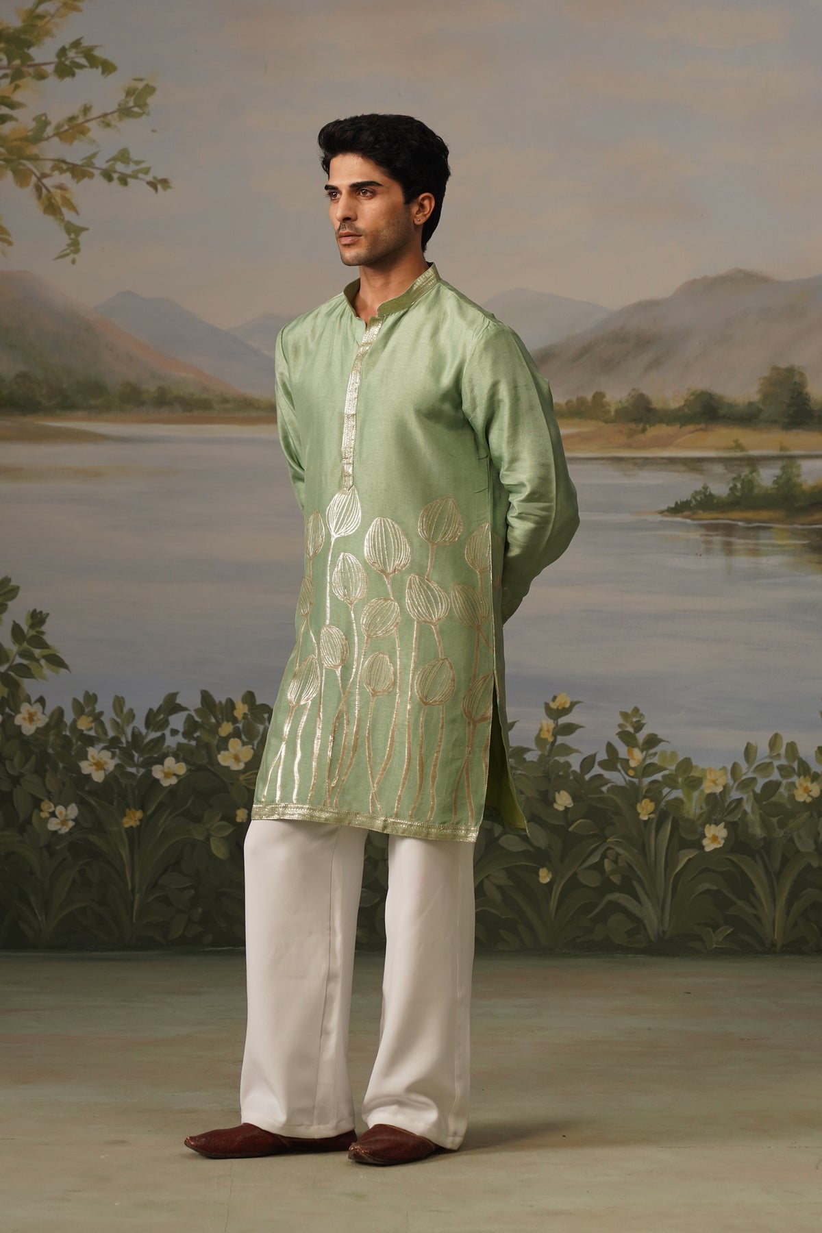 Pista Green Jacquard Kurta Set