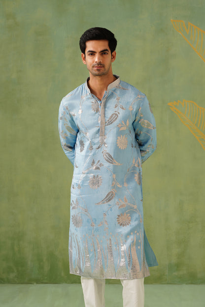 Ice Blue Golden Weave Kurta Set
