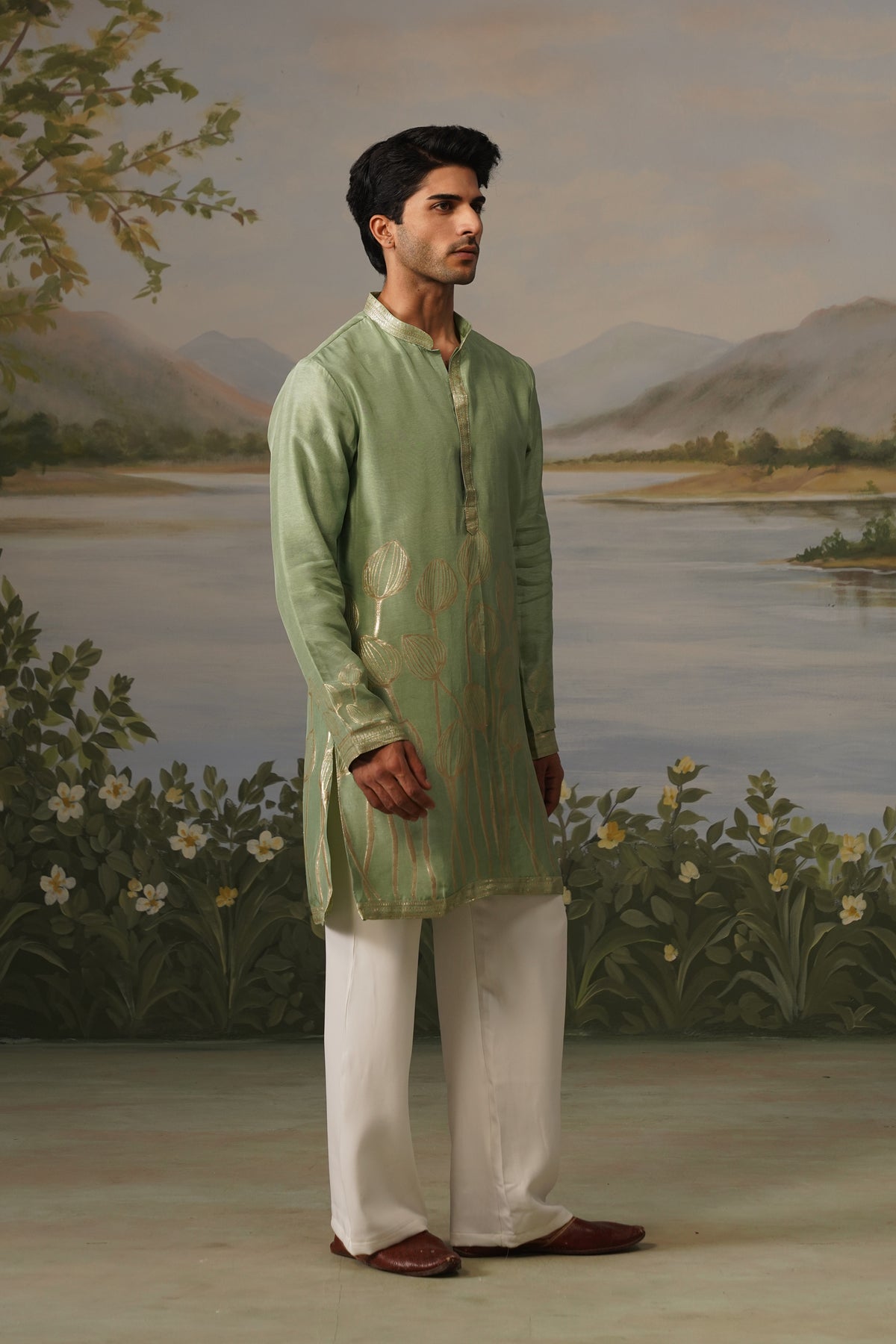Pista Green Jacquard Kurta Set