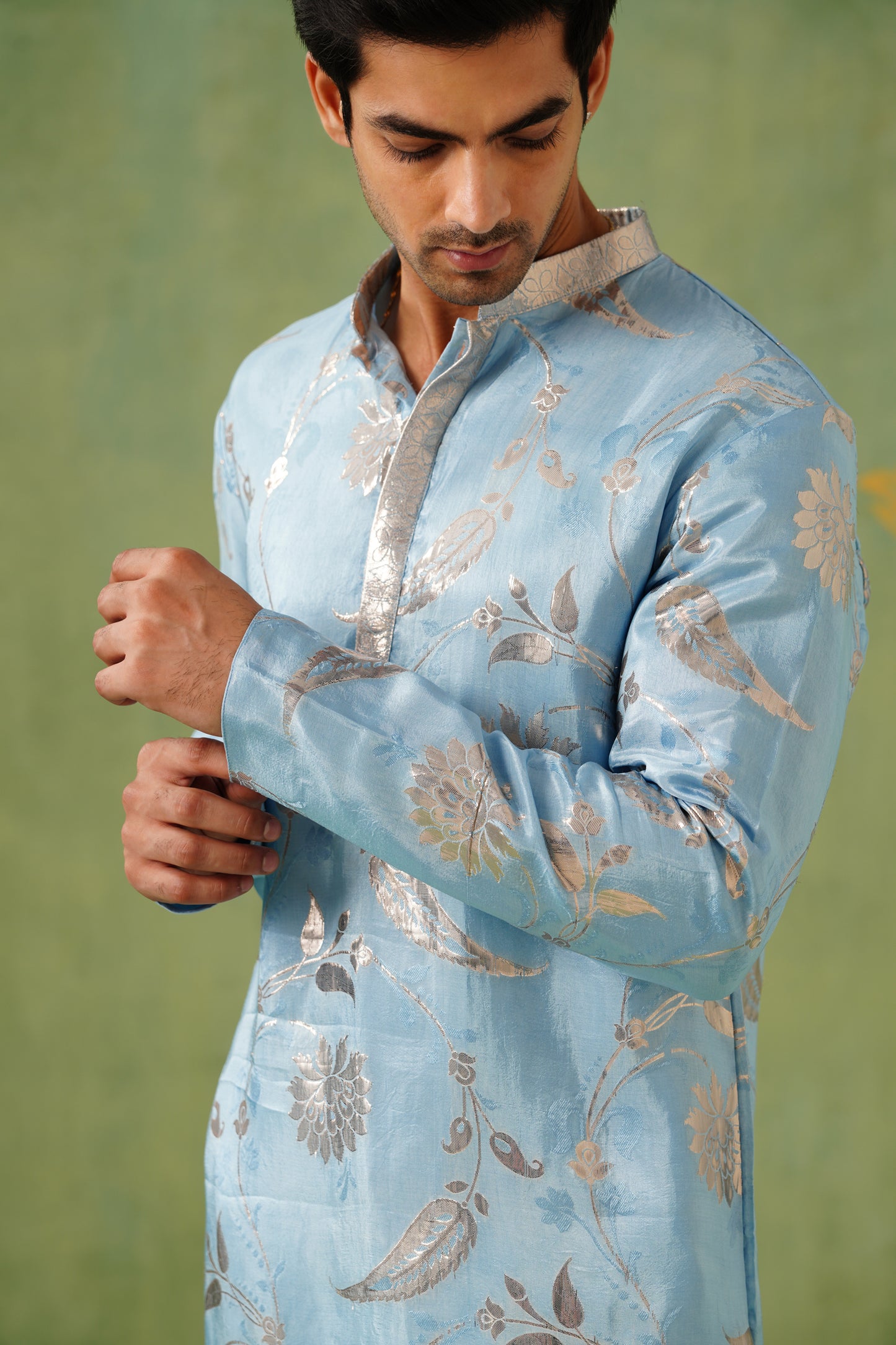 Ice Blue Golden Weave Kurta Set