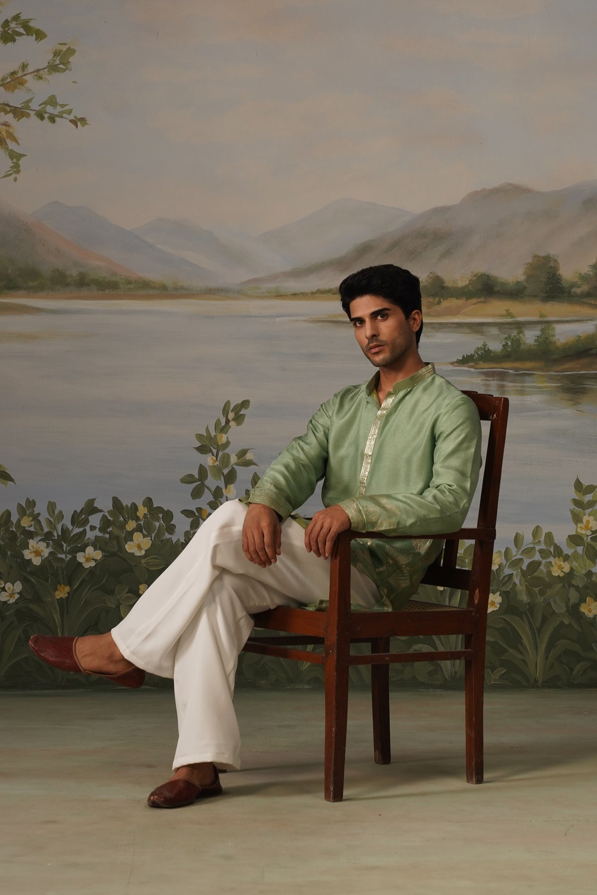 Pista Green Jacquard Kurta Set