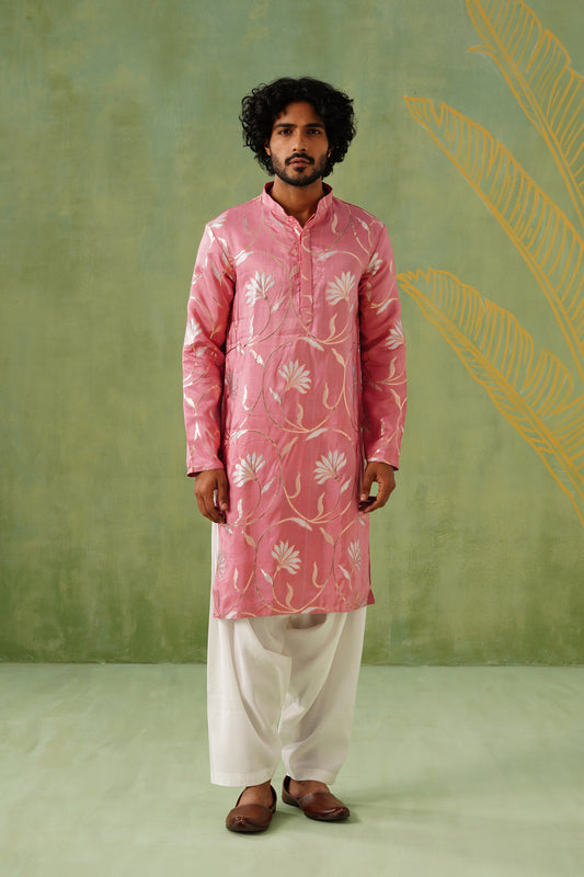 Pink Golden Weave Kurta Patiyala Set