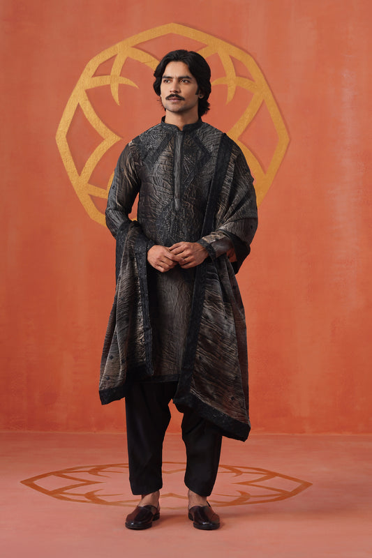 Grey Black Hand Dyed Tissue Black Embroidery Kurta Patiyala Set With Dupatta