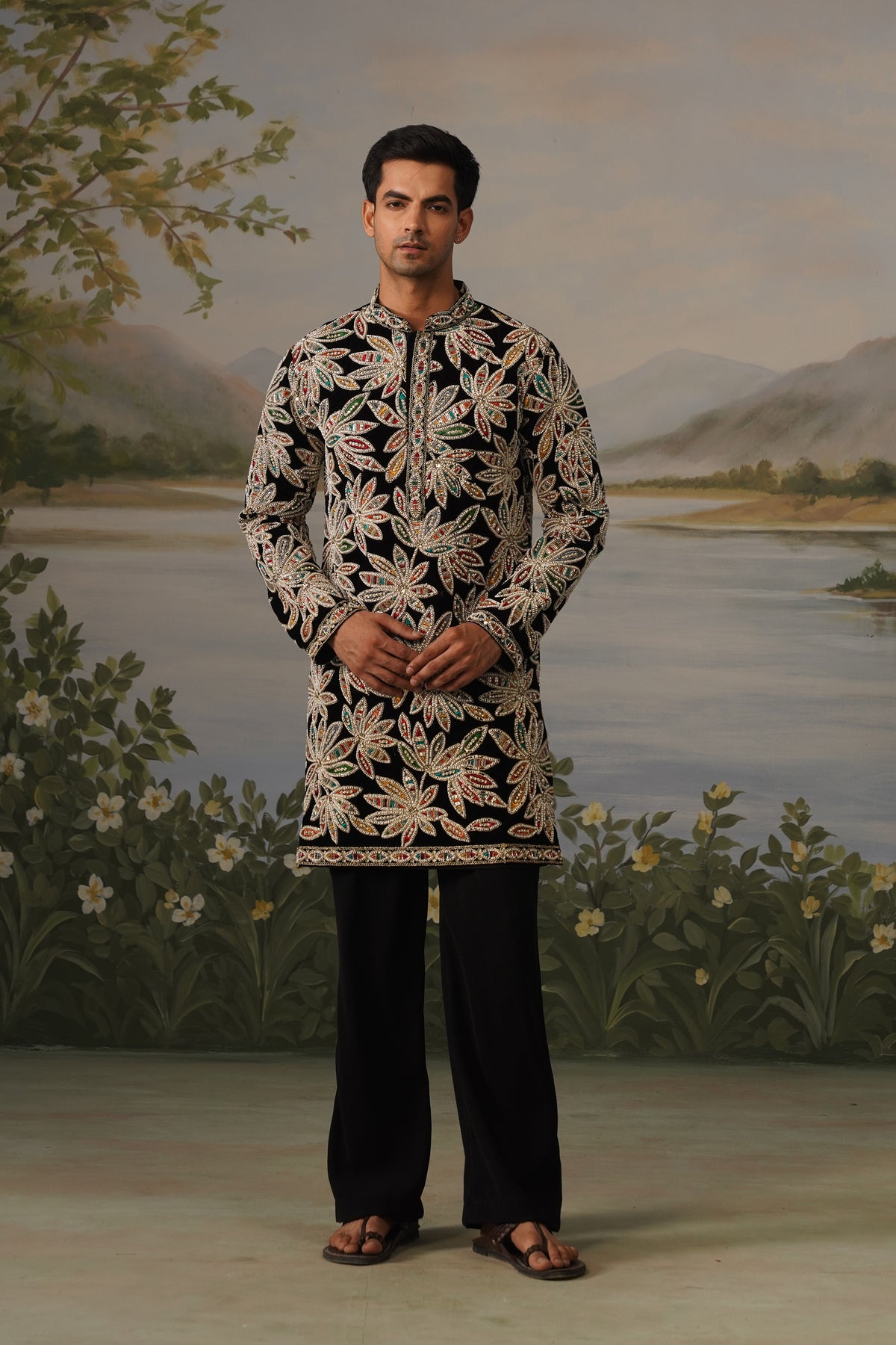 Naqqash Black Bead Embroidered Kurta Set