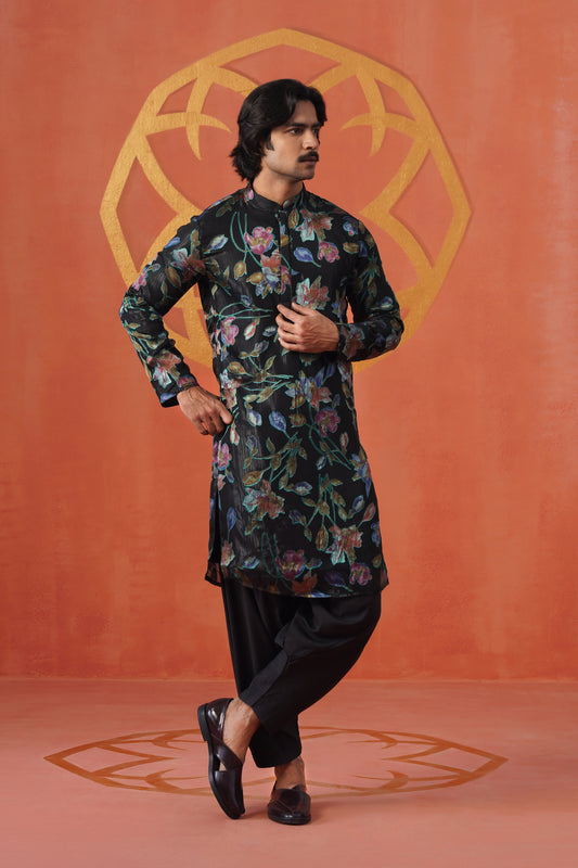 Multi Floral Velvet Brasso Kurta Patiyala Set