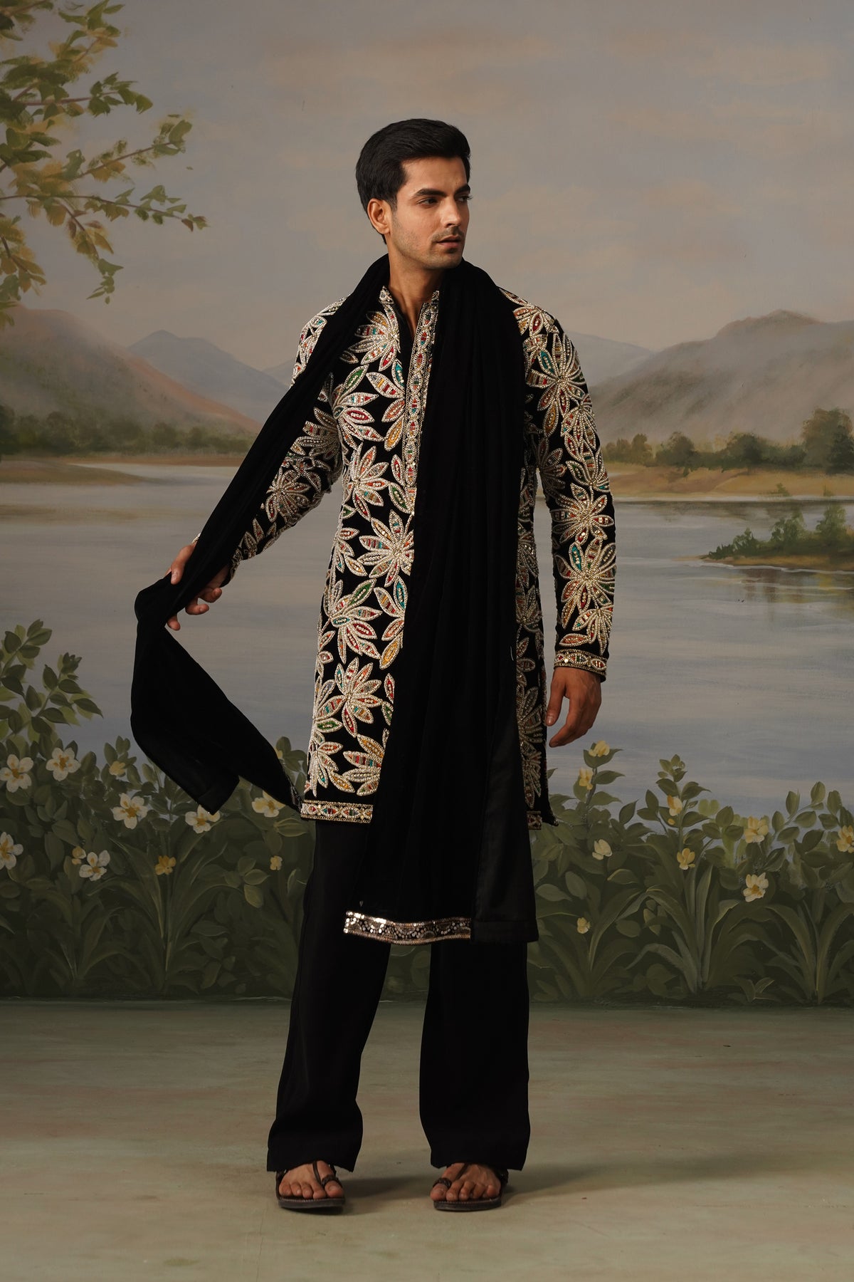 Naqqash Black Bead Embroidered Kurta Set