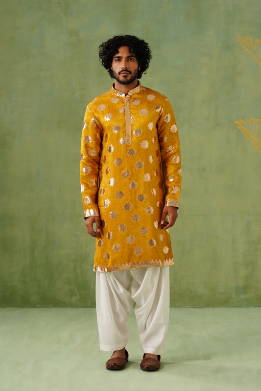 Haldi Yellow Golden Weave Kurta Patiyala Set