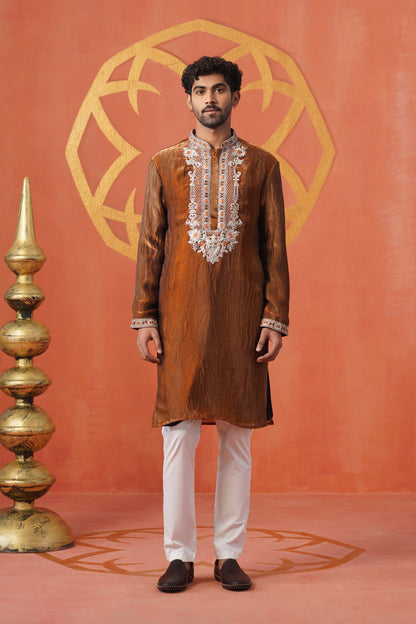 Rust Hand Dyed Tissue Embroidery Kurta Set