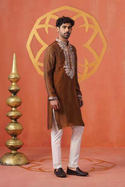Rust Hand Dyed Tissue Embroidery Kurta Set