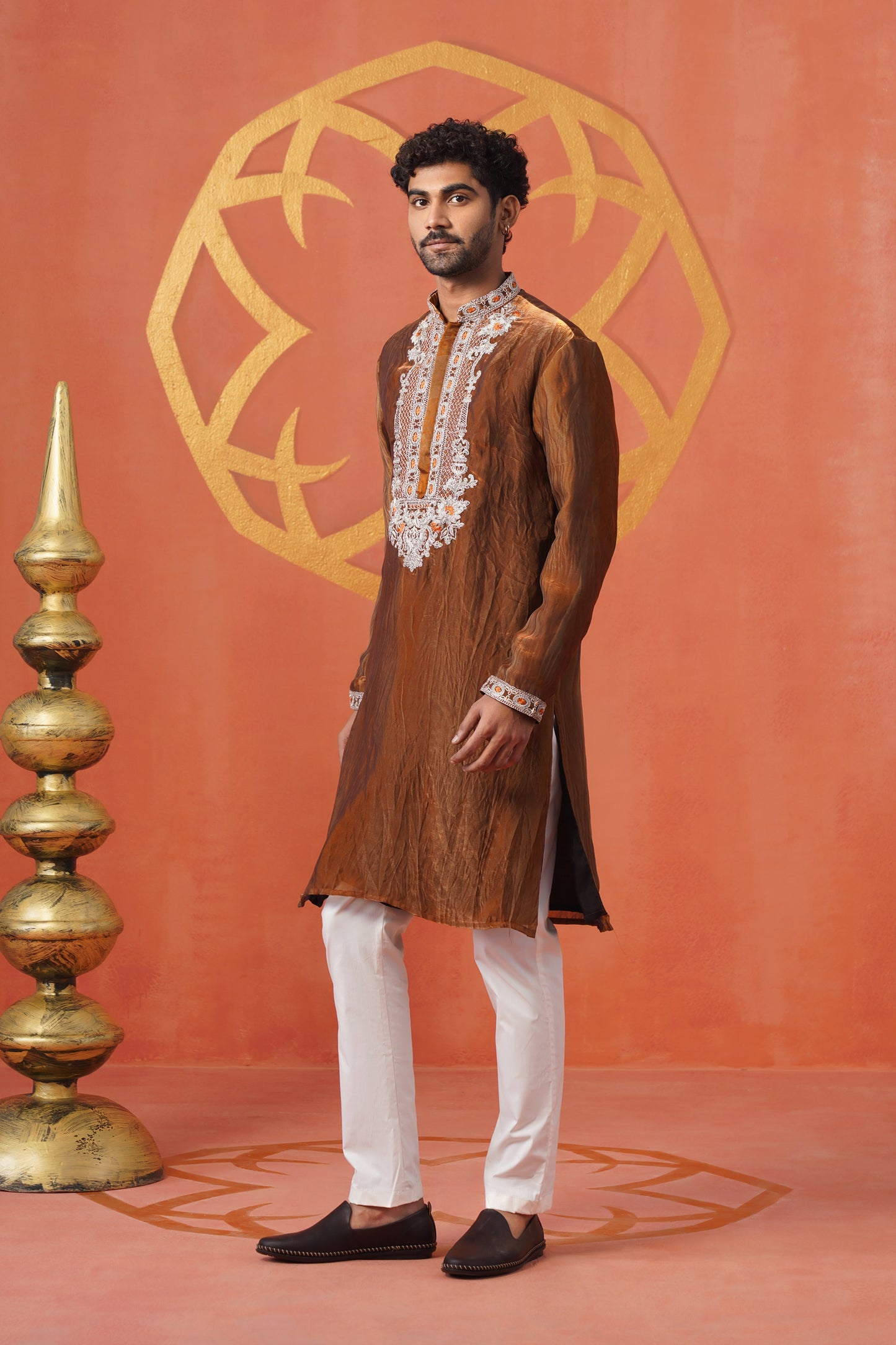 Rust Hand Dyed Tissue Embroidery Kurta Set