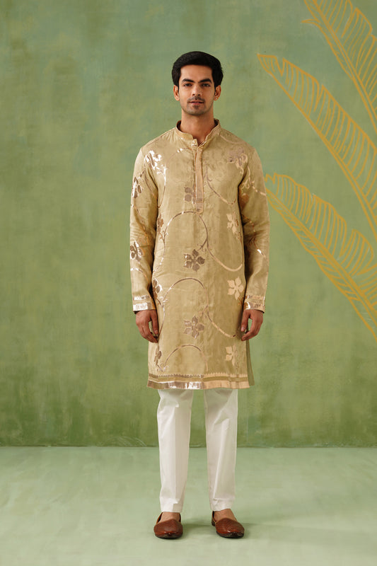 Light Mehendi Golden Weave Kurta Set