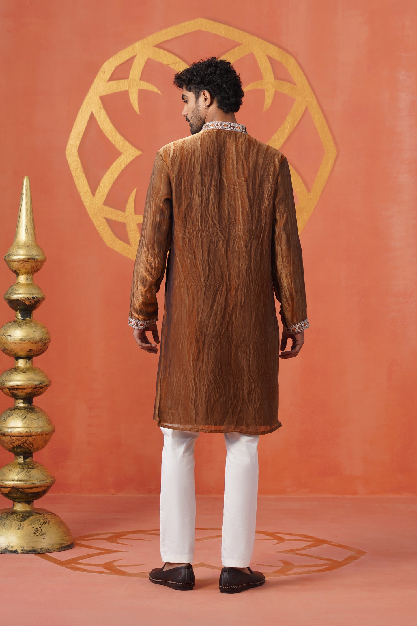 Rust Hand Dyed Tissue Embroidery Kurta Set