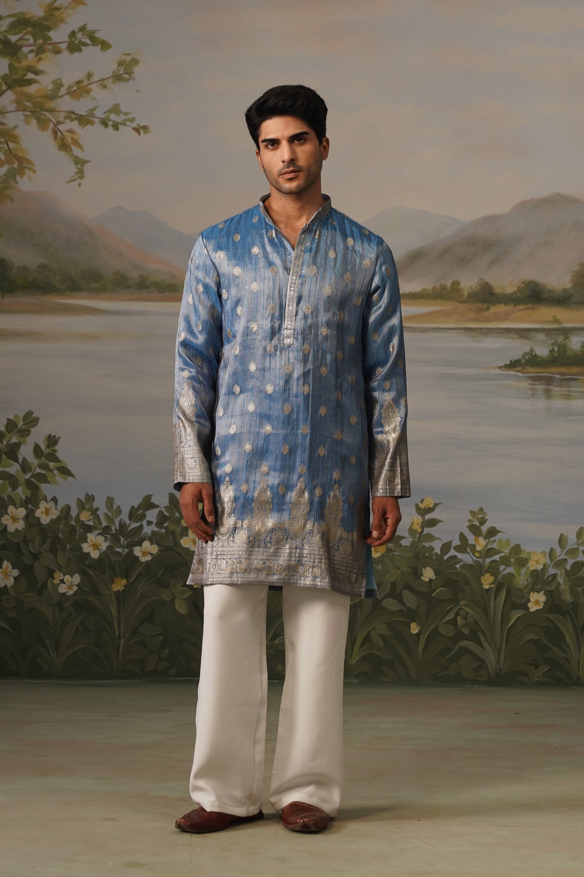 Aasman Blue Jacquard Kurta Set