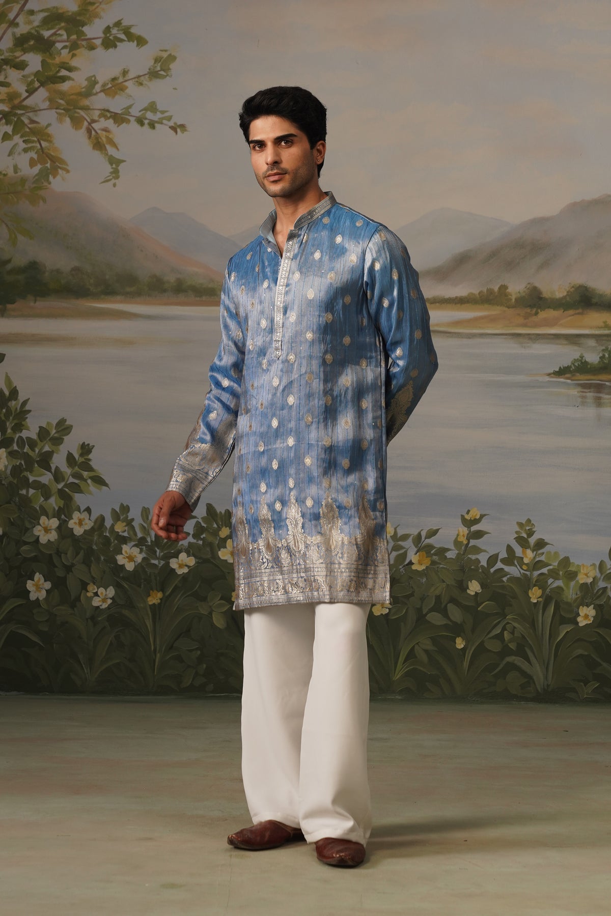 Aasman Blue Jacquard Kurta Set