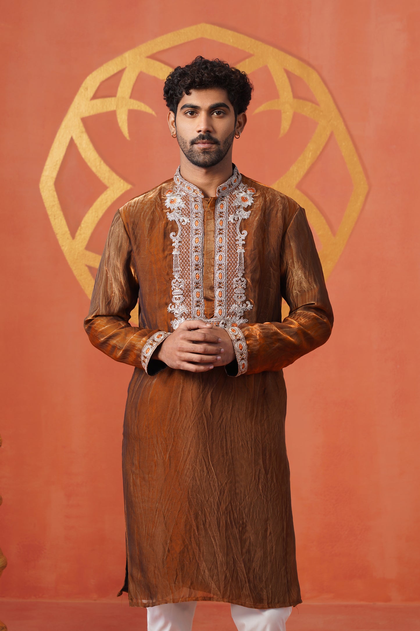 Rust Hand Dyed Tissue Embroidery Kurta Set